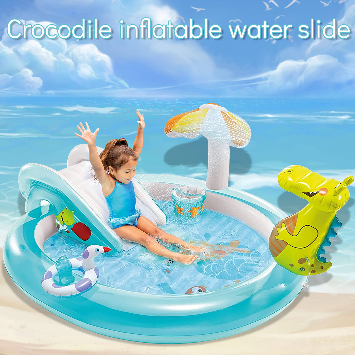 6.6 x 5.6 x 2.8ft Inflatable Play CenterSlide for Kids Backyard Water Park 180L Water Storage Capacity and 120 lbs Loading